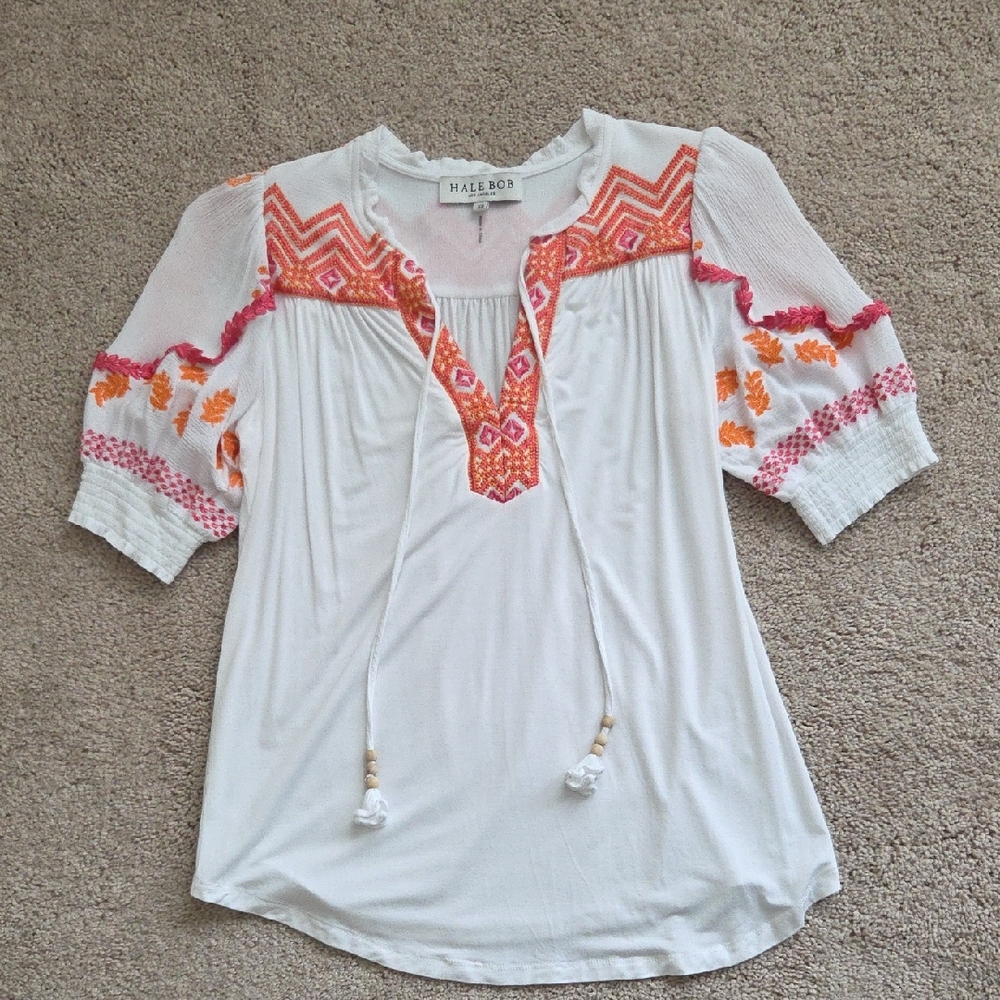 Hale Bob White Blouse with Orange and Pink Embroidery